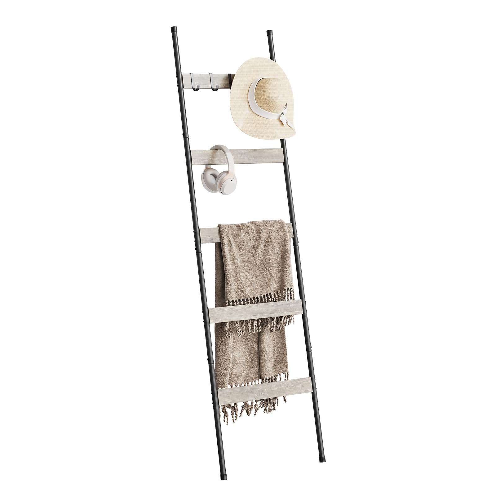 ELYKEN Blanket Ladder for Living Room, Farmhouse 5 -Tier Quilt Holder with 4 Removable Hooks for Bathroom, Wood Towel Rack Display, Wall Anchor Leaning Decorative Stand for Home Decor, White Oak 1