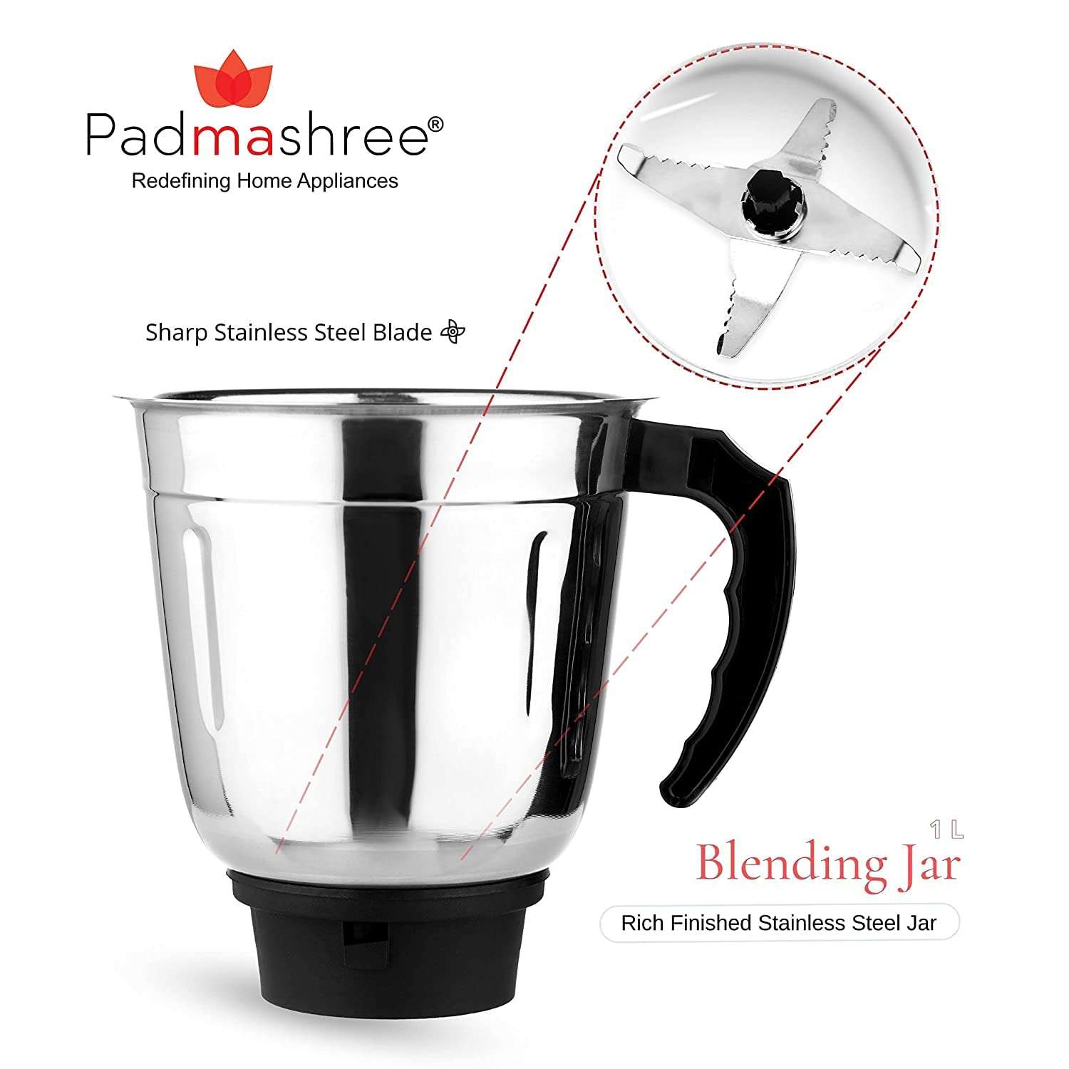 Padmashree Mixer Grinder Jar Set of 3 | Stainless Steel Jar for Mixer | 1 Chutney Jar, 1 Medium Jar, 1 Large Jar | Mixer Juicer Jar / 100 ml 5