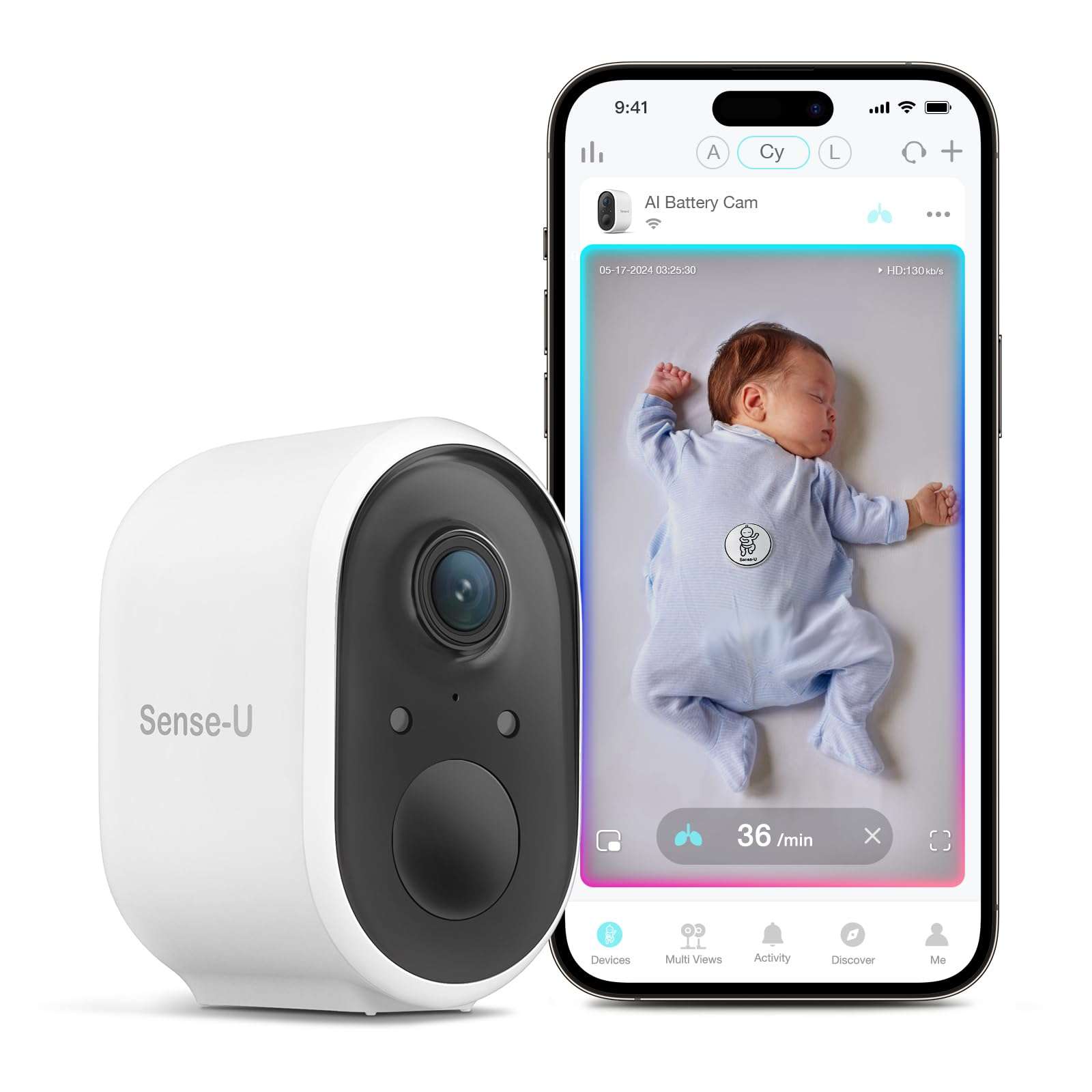 Sense-U AI Battery Baby Camera Monitor with Sensor-Free Sleep Breathing Movement Detection, Smart Security Wireless Outdoor Video Camera, Indoor Home Cam, No Monthly Fee, Peace of Mind for Parents 1