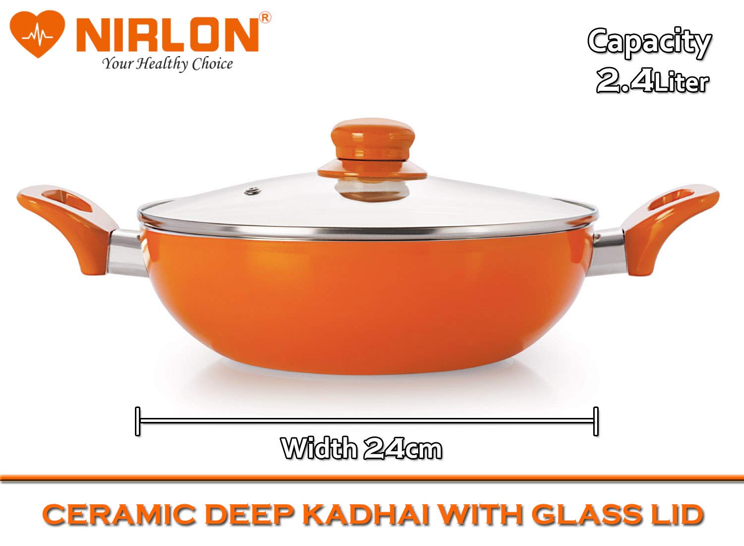 Nirlon 4 Layer Ceramic Non-Stick Induction Cookware 3 Pieces Combo Set (Grill Pan 1.5 Liter, Deep Kadhai 2.4 Liter & 3 Liter) Orange Colour 3
