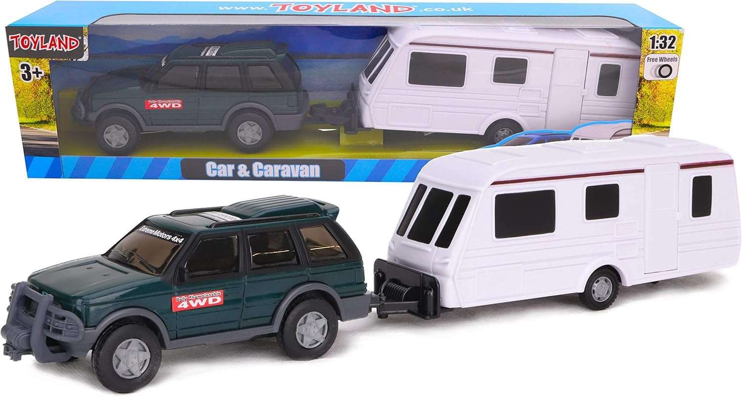 Toyland® Diecast Metal Car & Caravan Set Pull Along - 1:32 Scale (Green) 1