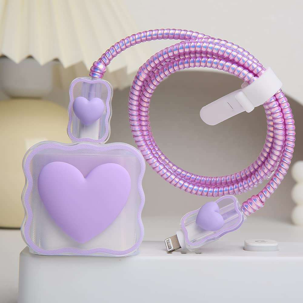 QLD COVER Compatible with iPhone 18W/20W USB-C Charger Cover Lovely 3D Love Heart Waves Clear Soft Charger Protector Cute Cable Saver for iPhone 11 12 13 14 Pro Max Fast Power Adapter, Purple 1 (5in1) 5