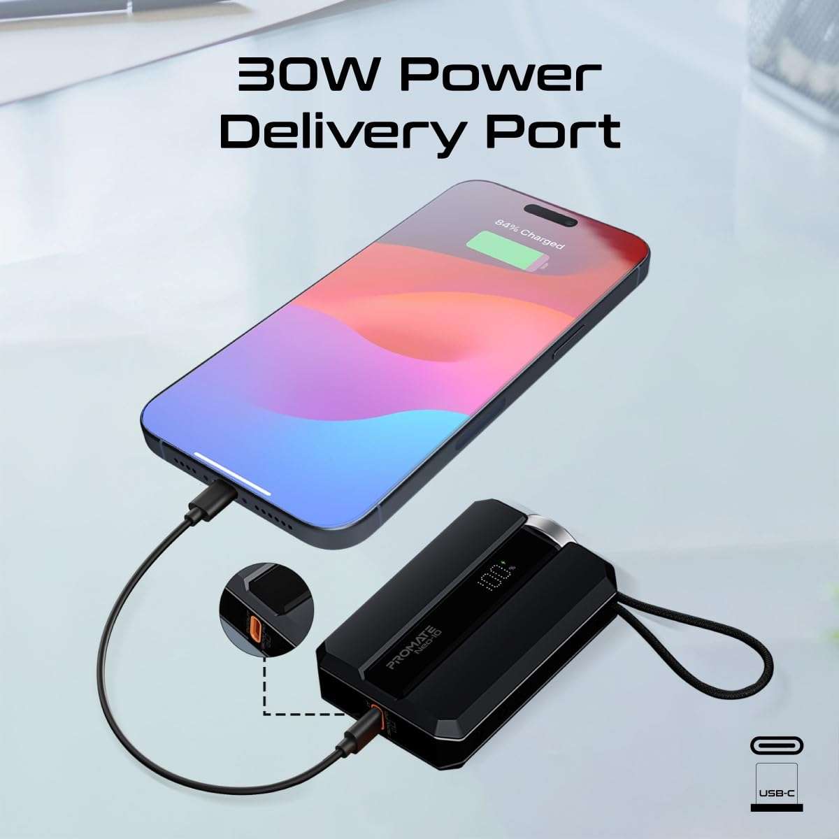 Promate Power Bank 10000mAh with Built-In USB-C Cable, 30W USB-C™ Power Delivery, Dual Type C Input & Output, Apple Watch Charger, LED & Charge Protection Power Bank for iPhone & iWatch, Neo-10, Black 6