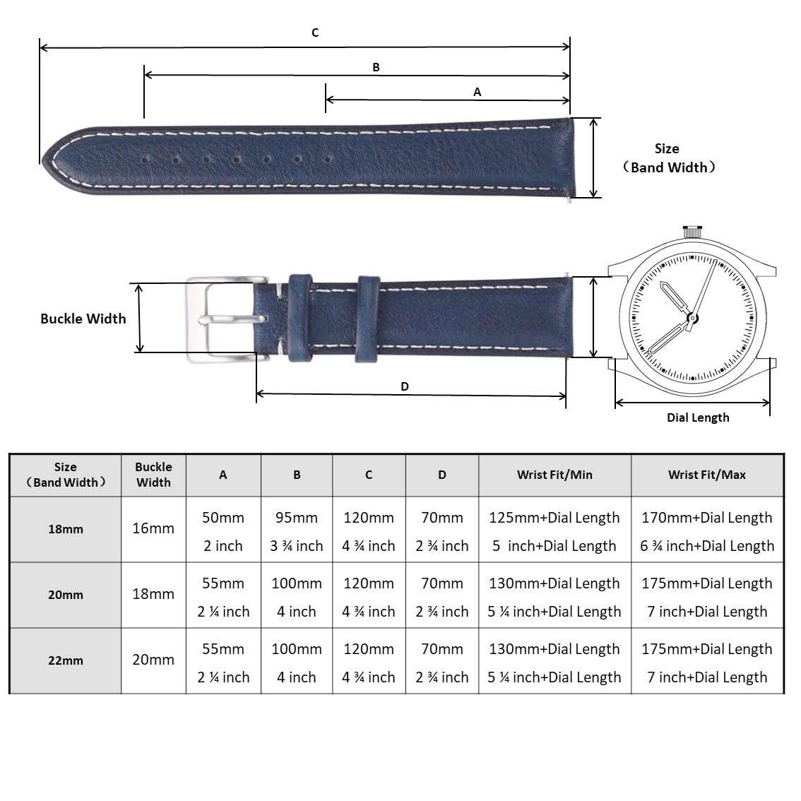 Berfine 22mm Top Grain Leather Watch Band, Quick Release Watch Strap, Blue 6