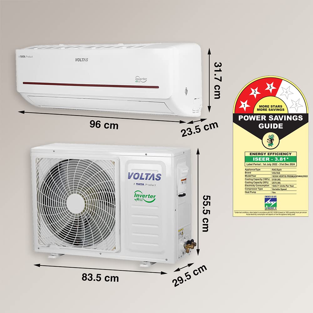 Voltas 1.5 Ton 3 Star, Inverter Split AC(Copper, 4-in-1 Adjustable Cooling, Anti-dust Filter, 2023 Model, 183VH Vertis Prism, White) 3