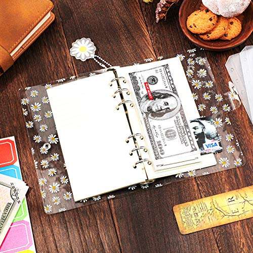 2 Pieces Daisy A6 Binder Cover Refillable 6 Ring Notebook Binder with Acrylic Daisy Pendant and 5 Pieces 6 Holes A6 Zipper Pocket 2 Sheet Self-Adhesive Writable Label for Home Office School 5
