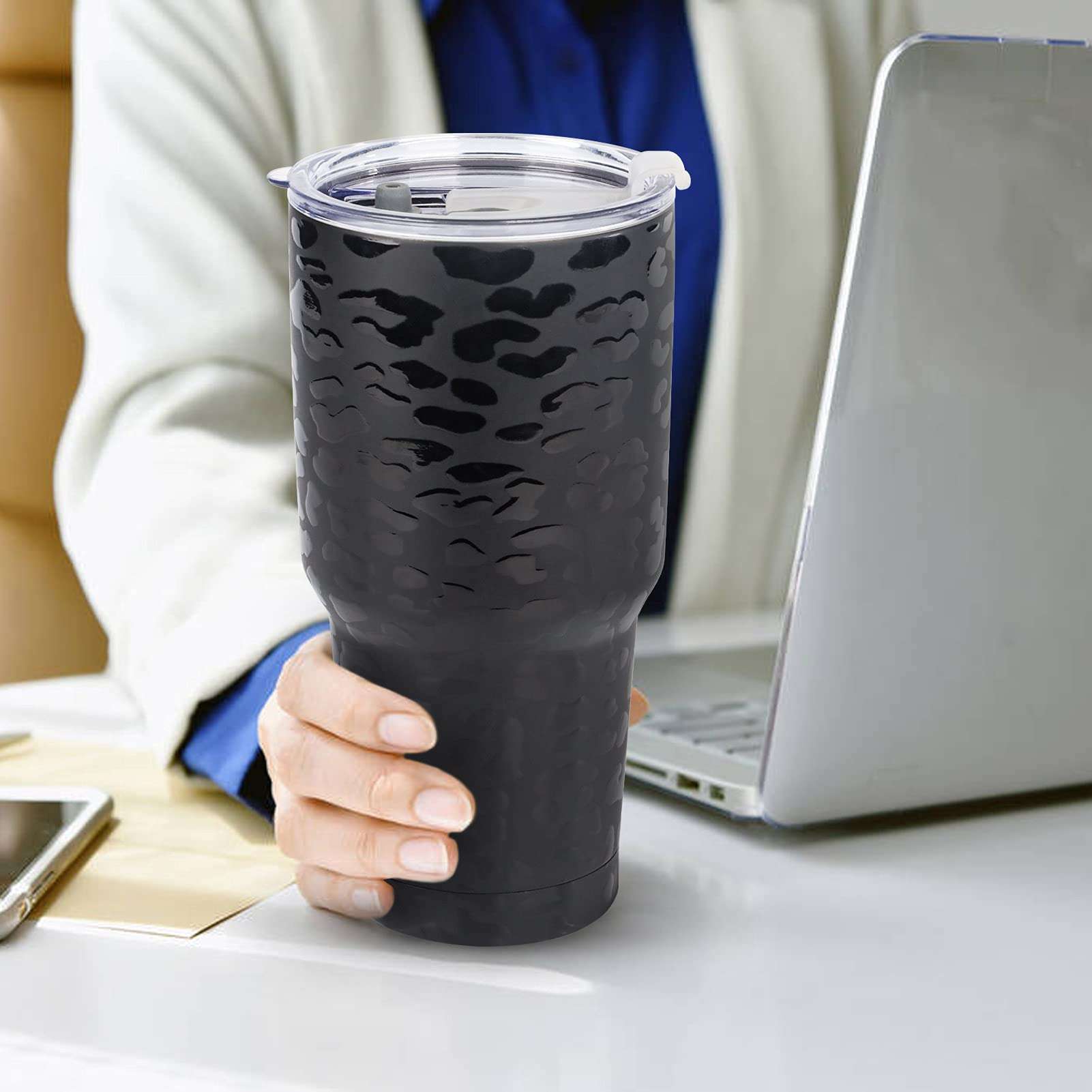 D·S 30oz Black Leopard Tumbler Stainless Steel Insulated Travel Mug with Straw Lid Cleaning Brush 6
