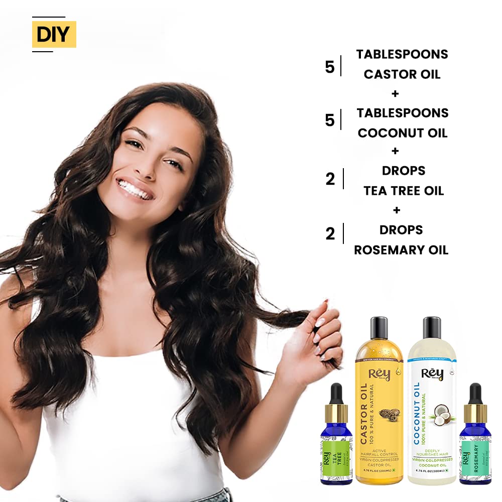 Rey Naturals Tea Tree Oil, Rosemary Oil, Coconut Oil, Castor Oil For Hair Growth, Dandruff & Hairfall Control, Acne, Dark Spots (15ml*2+200ml*2), Cold Pressed Oil For Skin & Hair Care, Herbal Hair Oil 2