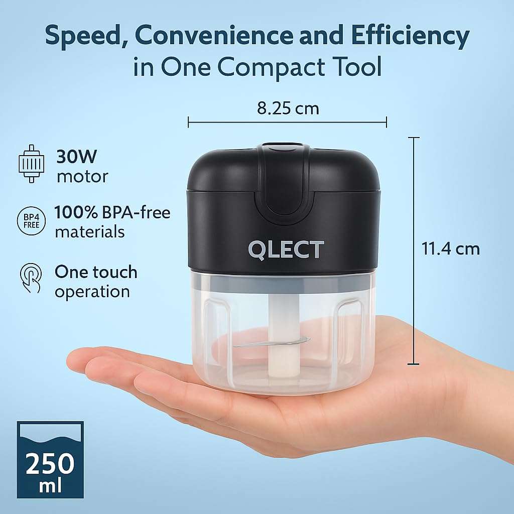 QLECT Electric Mini Chopper, USB Rechargeable Garlic Chopper with Stainless Steel Blades, Portable Food Processor for Onion, Nuts, Ginger, Vegetables & Baby Food (250ml, Black) 3