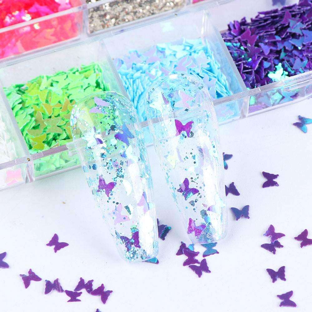 Butterfly Nail Art Stickers Decals Nail Sequins Holographic Glitter Nail Art Accessories Decoration for Women Girls 3D Nail Art Stickers 12 Color/Box 2