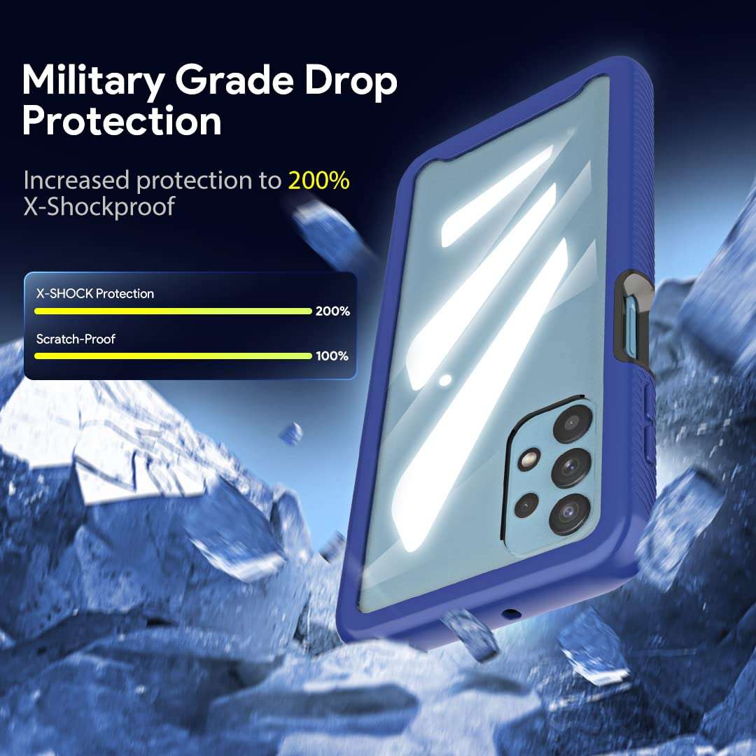 HATOSHI Samsung Galaxy A32 5G Case with Built in Screen Protector, [Military-Grade] Full-Body Shockproof Heavy Duty Protection Crystal Clear Back Protective Phone Case Cover for Samsung A32, Blue 5