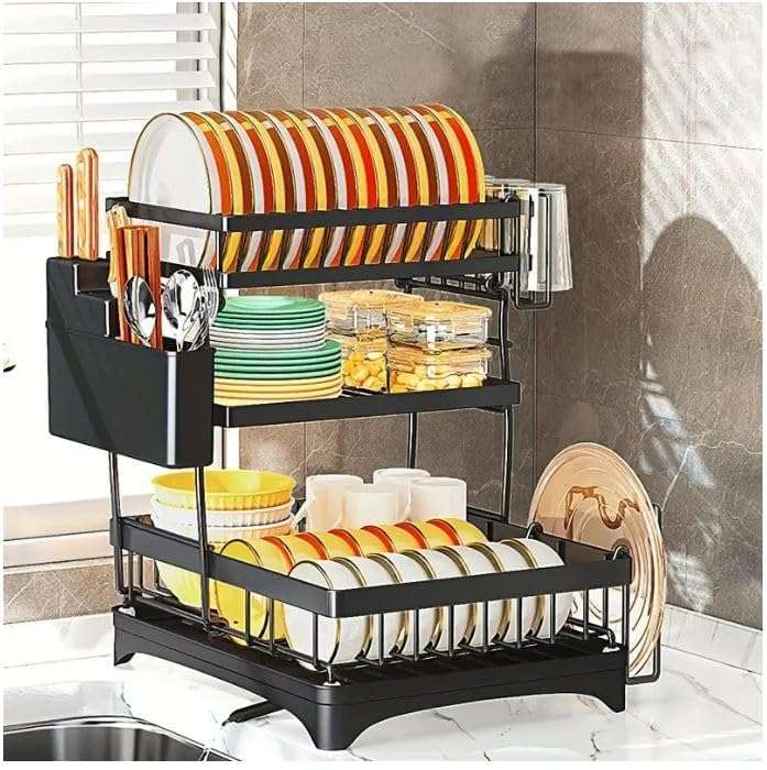 Lucario Dish Drainers Rack with Drip Tray, 3 Tier Large Dish Drying Rack with Draining Board and Cutlery/Holder Over Sink, Dish Dryer Rack for Plate/Utensil on Kitchen Countertop (RACK-358) 6