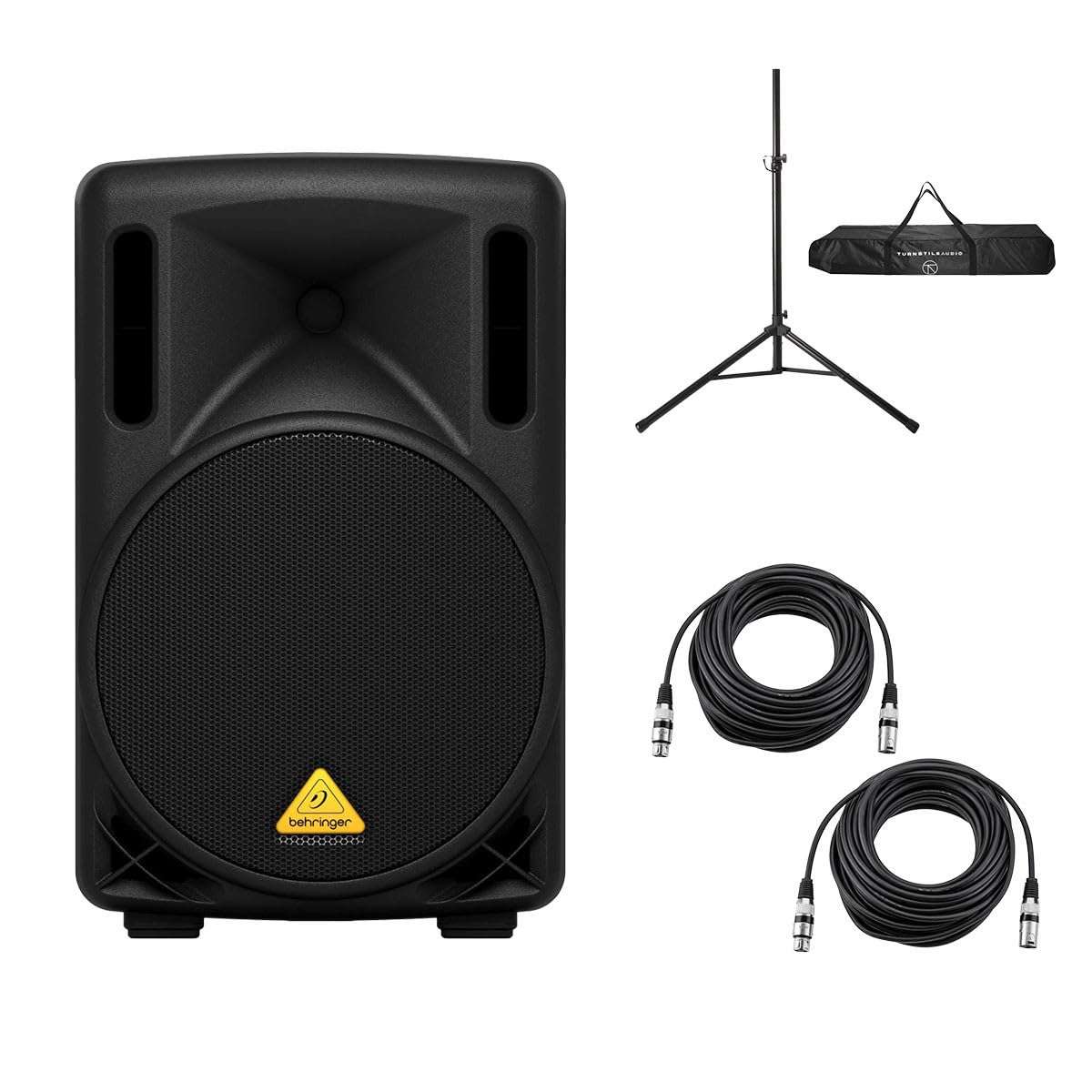 Behringer Eurolive B210D 10" 200W 2-Way Powered PA Speaker System, Bundle with Speaker Stand and 2X 25' XLR Microphone Cable 1