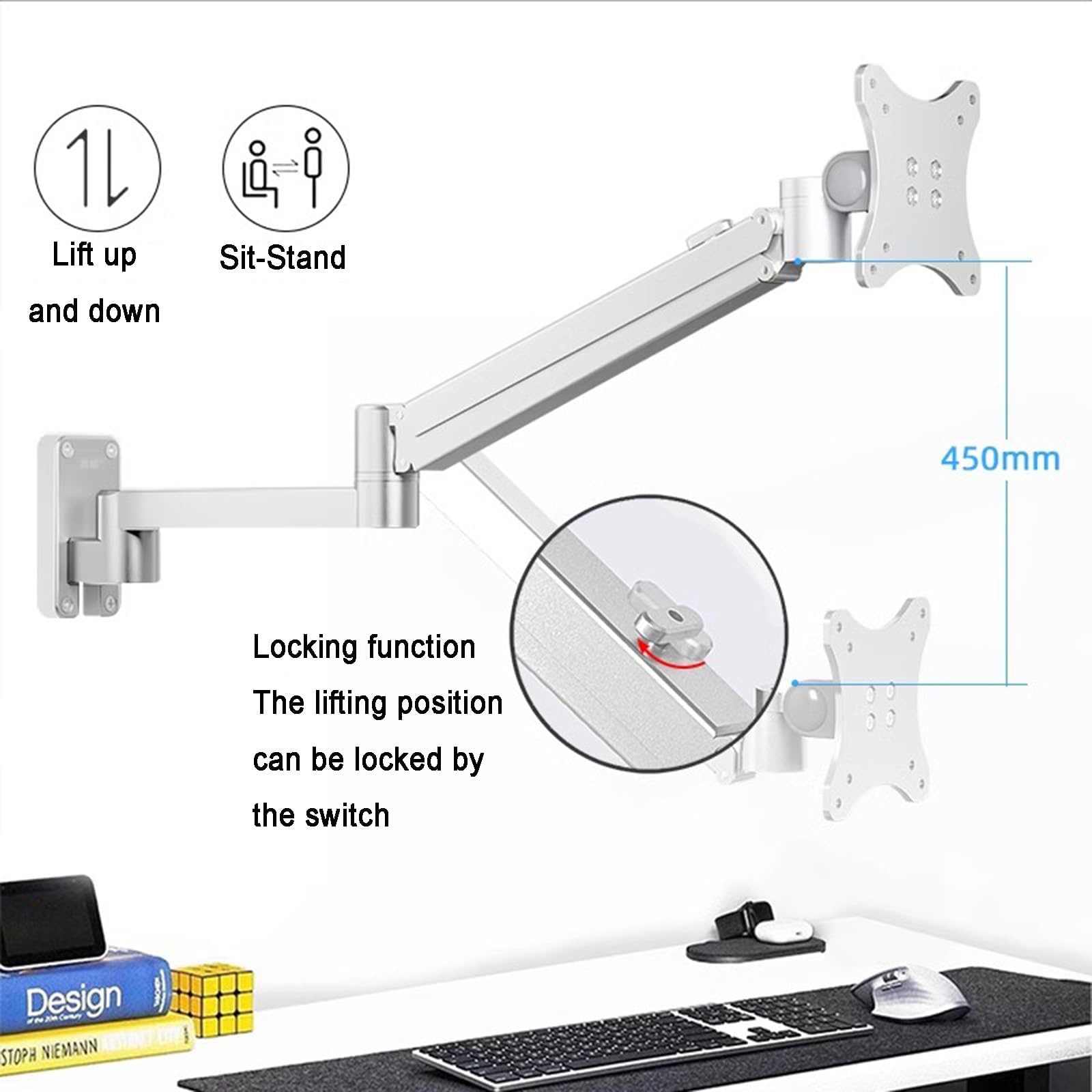 COYEUX Laptop Wall Mount, Adjustable Height and Angle, with Aluminum Alloy Tray, Holds 6kg, for Office, Workstation 5