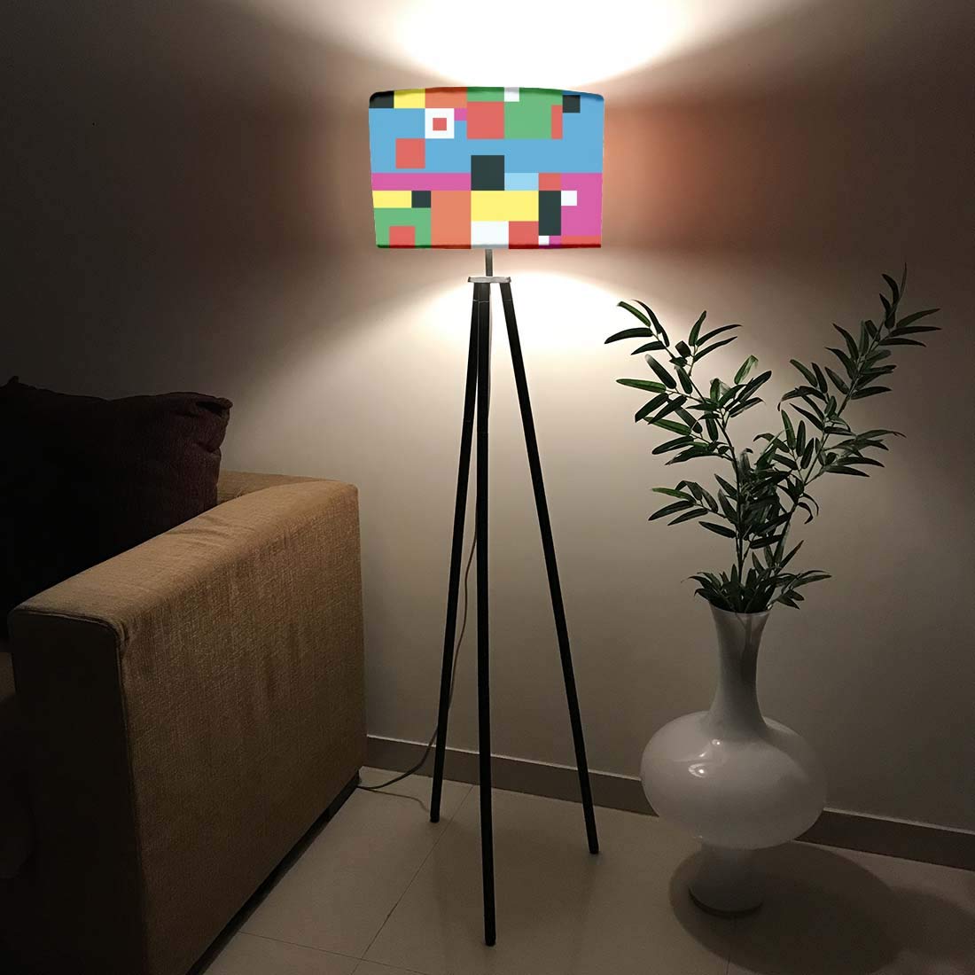 Nutcase Designer Tripod Floor Lamp Standing Light for Living Rooms-Printed Fabric Shade-Made in India -Abstract Color Blocks 3