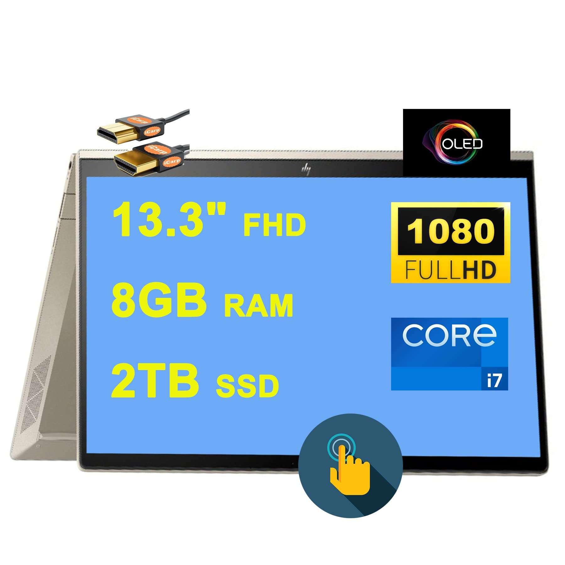 HP Envy x360 13 2-in-1 Laptop 13.3" FHD OLED Touchscreen 11th Gen Intel 4-Core i7-1165G7 8GB RAM 2TB SSD Intel Iris Xe Graphic Backlit Fingerprint Thunderbolt Win10 + HDMI Cable 1