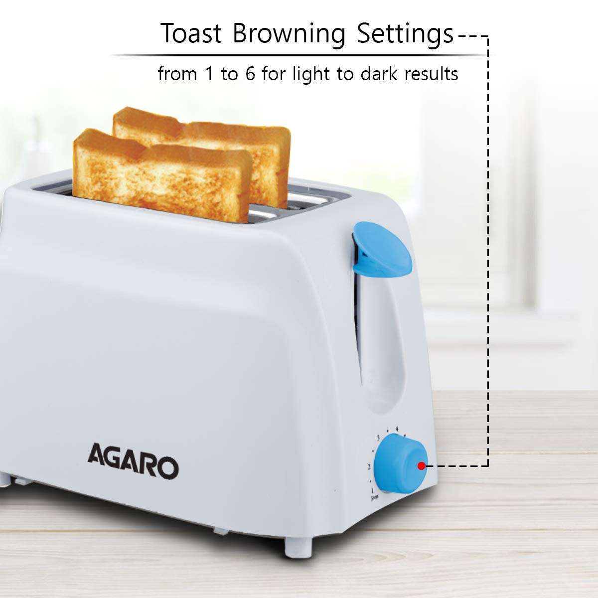 AGARO - 33263 750-Watt 2-Slice Pop-Up Toaster with 6 Toasting Settings & Removable Crumb Tray (White). 3