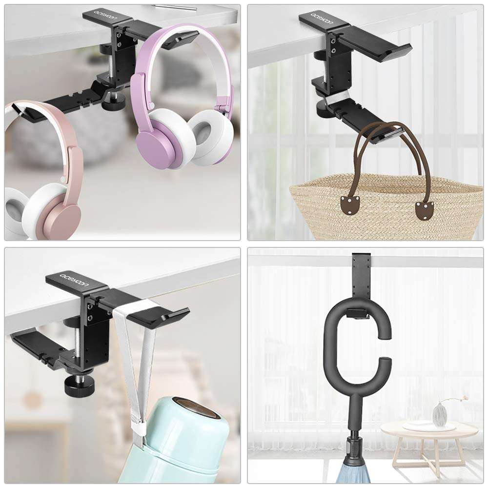 aceyoon Dual Headphone Hanger Holder Clamp Hook,360 Degree Rotating Headset Stand with Cable Organizer Under Desk,Aluminum Black Universal for Hanging Bag PC Gaming Accessories 6