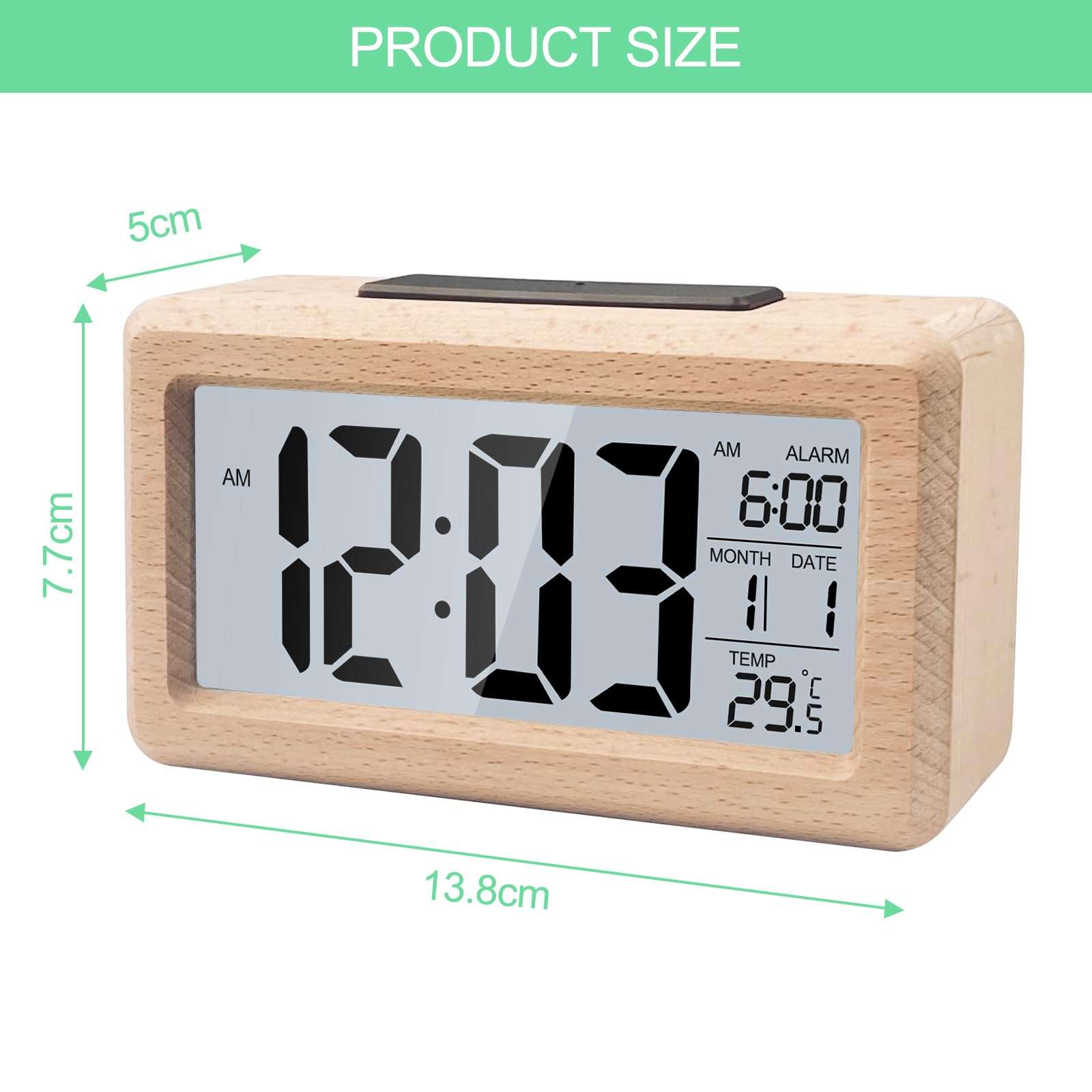 Kadio Digital Bedside Alarm Clock, Table Clock with LCD Display, Alarm Clocks with Temperature Date Snooze, Desk Clock for Home, Bedroom, Kitchen, Office, Battery Powered(Wooden Color) 3