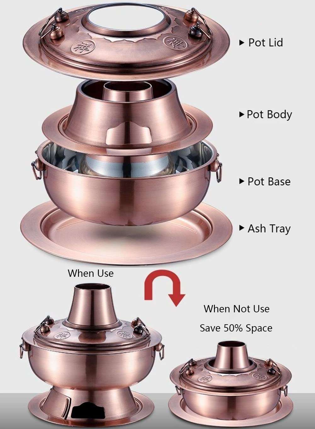 Traditional Chinese Copper Hot Pot,Vintage Shabu Pot,Vintage Copper Hot Pot Charcoal Shabu Shabu Hot Pot Pan Stainless Steel Chinese Cooker Traditional Soup Pot Cookware with Chimney for Home Party Re 6