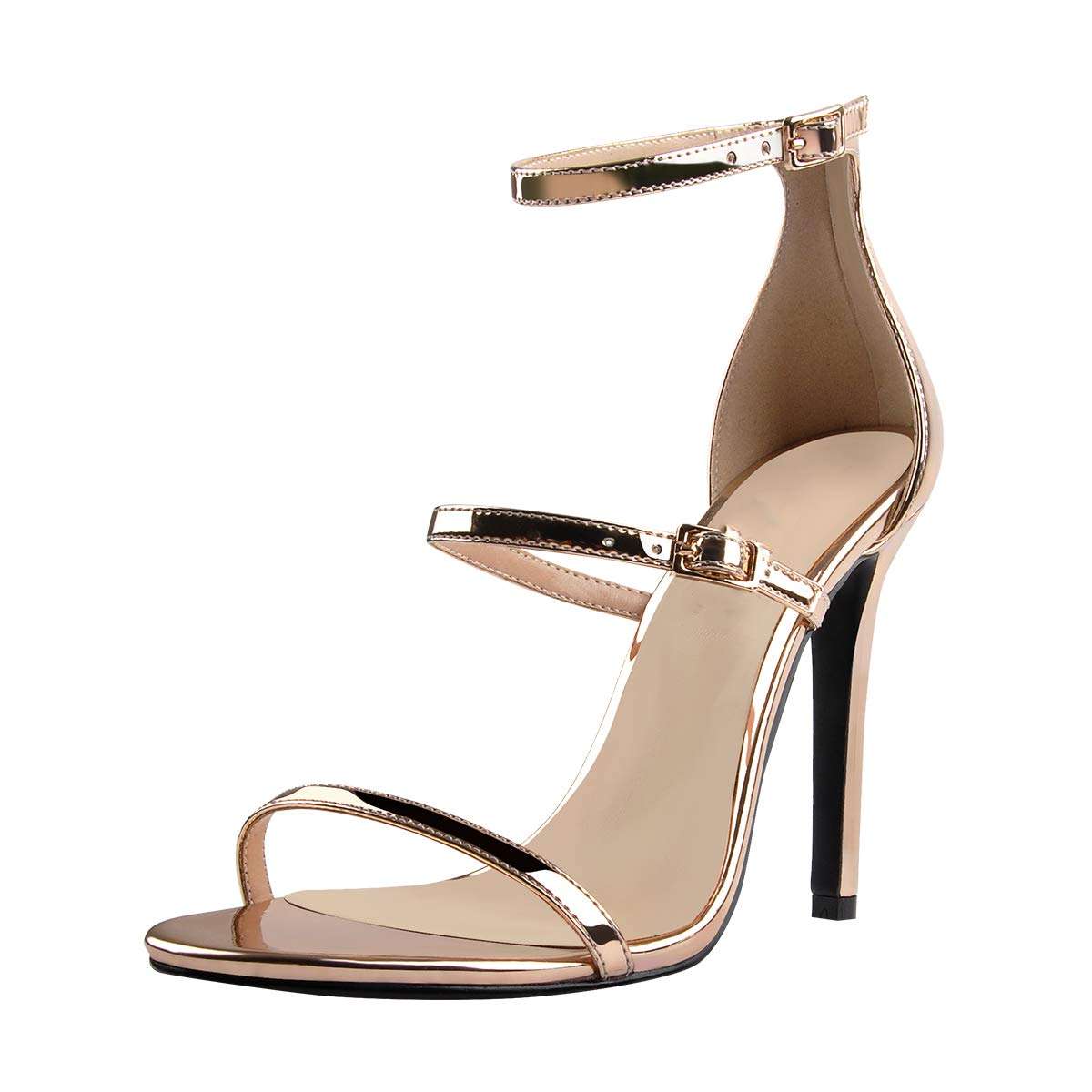 LISHAN Women's Ankle Strap Stiletto Open Toe Sandals Sexy Triple Strappy High Heel Party Wending Dress Evening Shoes Champagne Gold Size 5 2