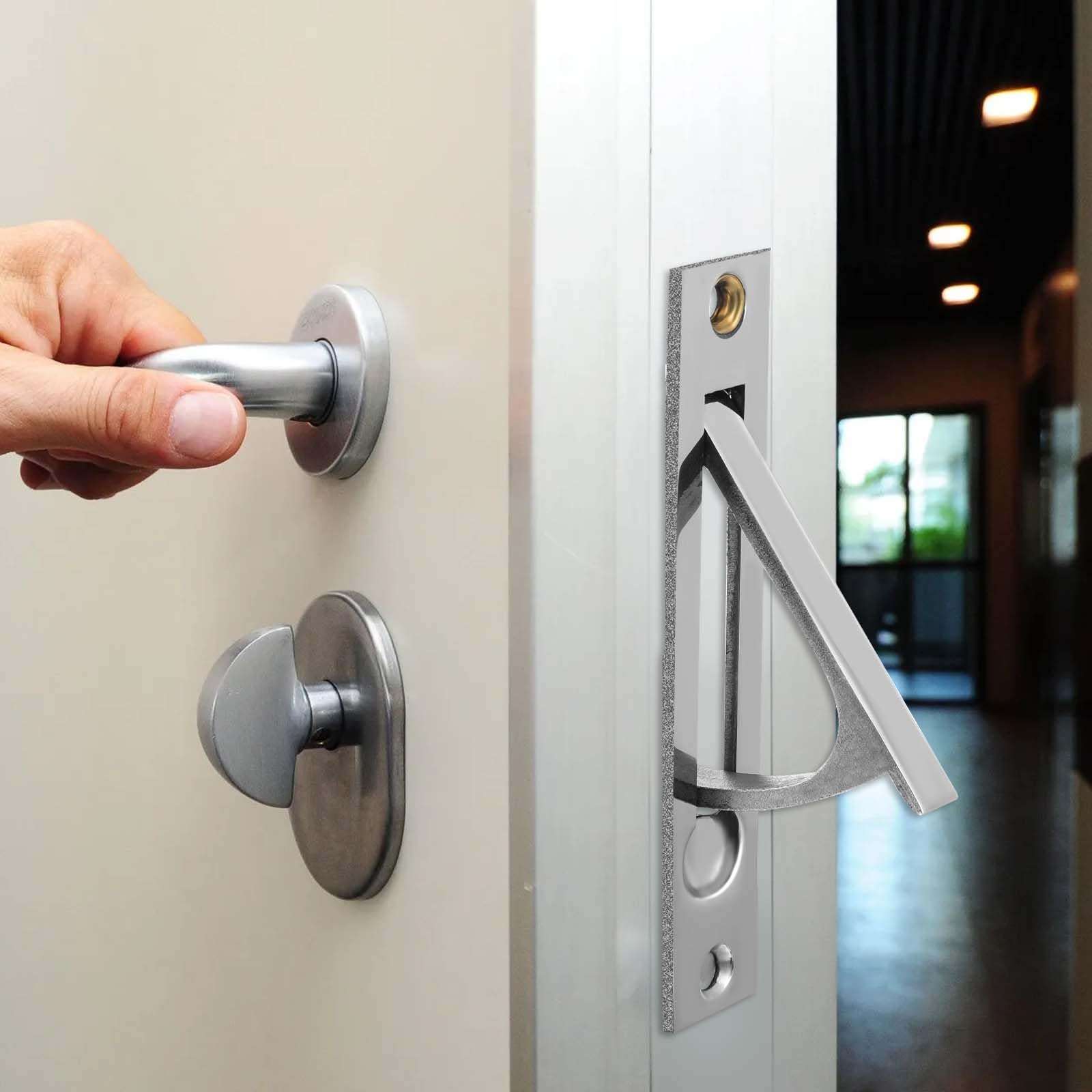 Pocket Door Edge Pull, 1 Set Solid Stainless Steel Pocket Door Latch Lock Handles Flush Mount Pocket Door Hardware with Mounting Screws Hidden Door Accessories for Sliding Door - Silver 6