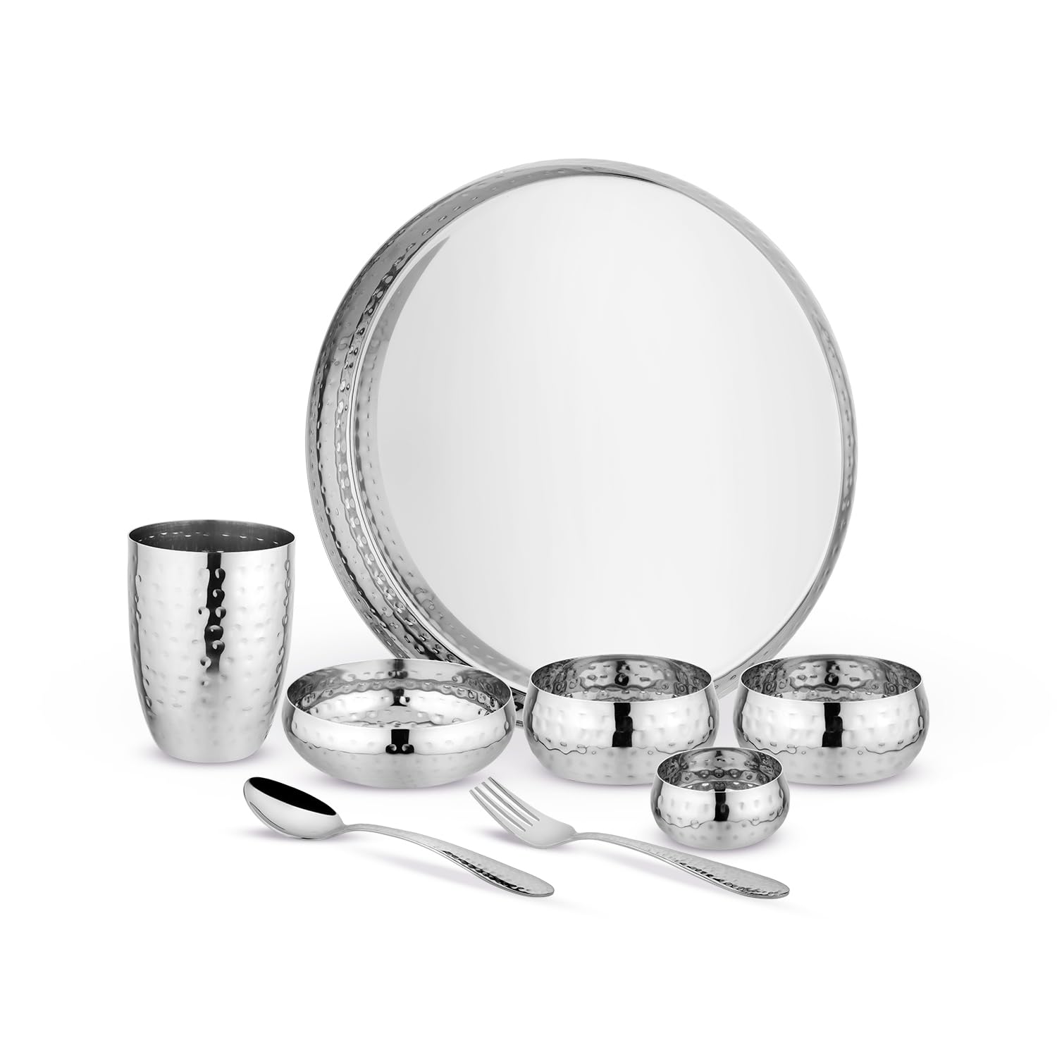 HOMEPRIVILEZ Steel Heavy Induction Patila Set with LID | Set of 3 Pcs – Silver | & | Rajwada Stainless Steel Hammered Thali Set 8 Pcs Set (Silver Hammered) 3