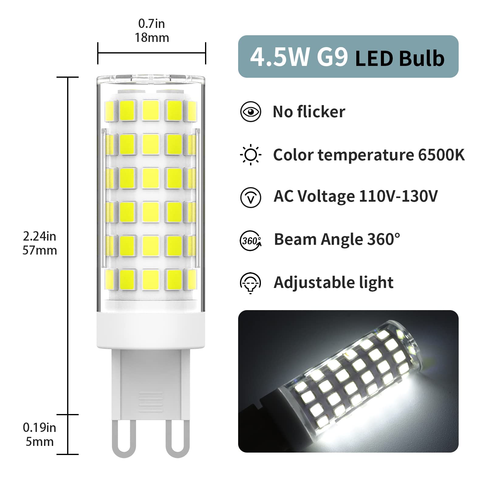 BAJCR G9 Led Light Bulbs, 4.5W, 60W Halogen Equivalent, 480LM,CRI80+, White 6500K, G9 Base, G9 Bulbs for Chandelier, Wall Sconce,Dimmable, Pack of 6 3