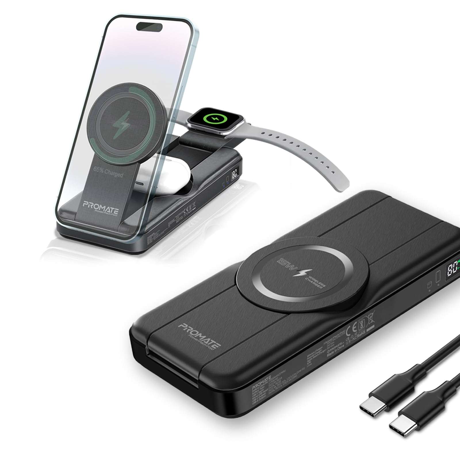 Promate Powerpack-Fold 5 in 1 Magsafe Power Bank, 10000mah 15W Foldable Wireless Powerbank - iPhone 15/15+/15 Pro/15 Pro Max, 14/14+/14 Pro/Max, Apple Watch, Air Pods, 18W USB QC 3.0 Port, 20W USB-C 1