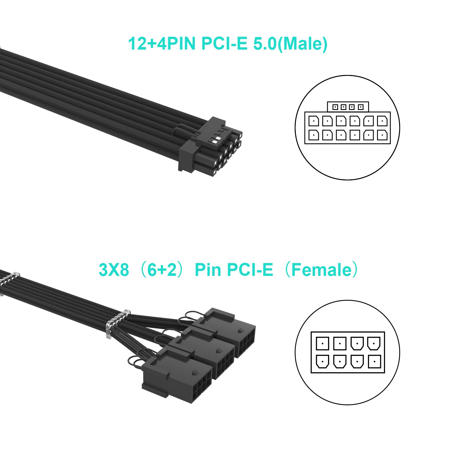 Sirlyr 16Pin Cable,PCIE GPU Cables,Sleeved 12vhpwr PSU Extension Cable,Mini 12+4 Pin Connector for RTX 3090Ti,4070Ti 4080,4090 Graphics Card Power Supply 16AWG Black 2