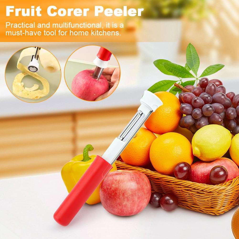 2 in 1 Fruit Corer and Peeler Tool,Telescopic Fruit and Vegetable Peeling Machine Stainless Steel Produce‌ Corer Tool for Bell Peppers Orange and Pears(Red) 6