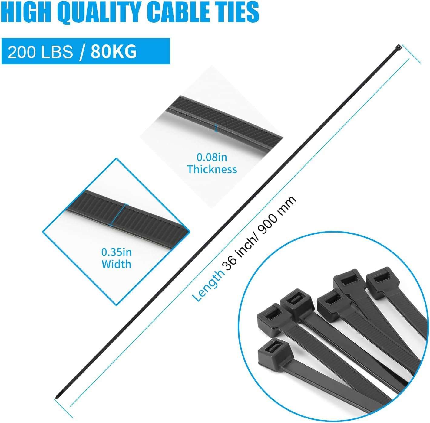 Black Zip Ties Heavy Duty, 35 Inch Extra Long 220 lbs Tensile Strength Large Cable Ties Wire Ties Heavy Duty Plastic Tie Wraps Big Size UV Resistant Zipties for Indoor and Outdoor Use 20Pcs 4