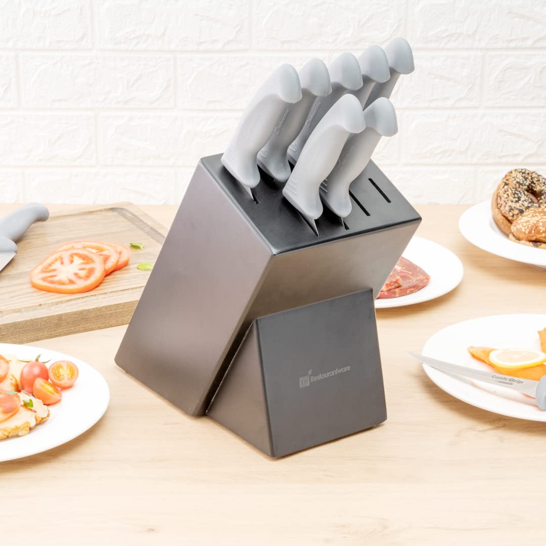 Restaurantware Comfy Grip Knife Set With Holder 1 Sharp 9-Piece Knife Set - Ergonomic Handle Non-Slip Grip Gray Stainless Steel Kitchen Knife Set Dishwashable Includes Knife Holder 4