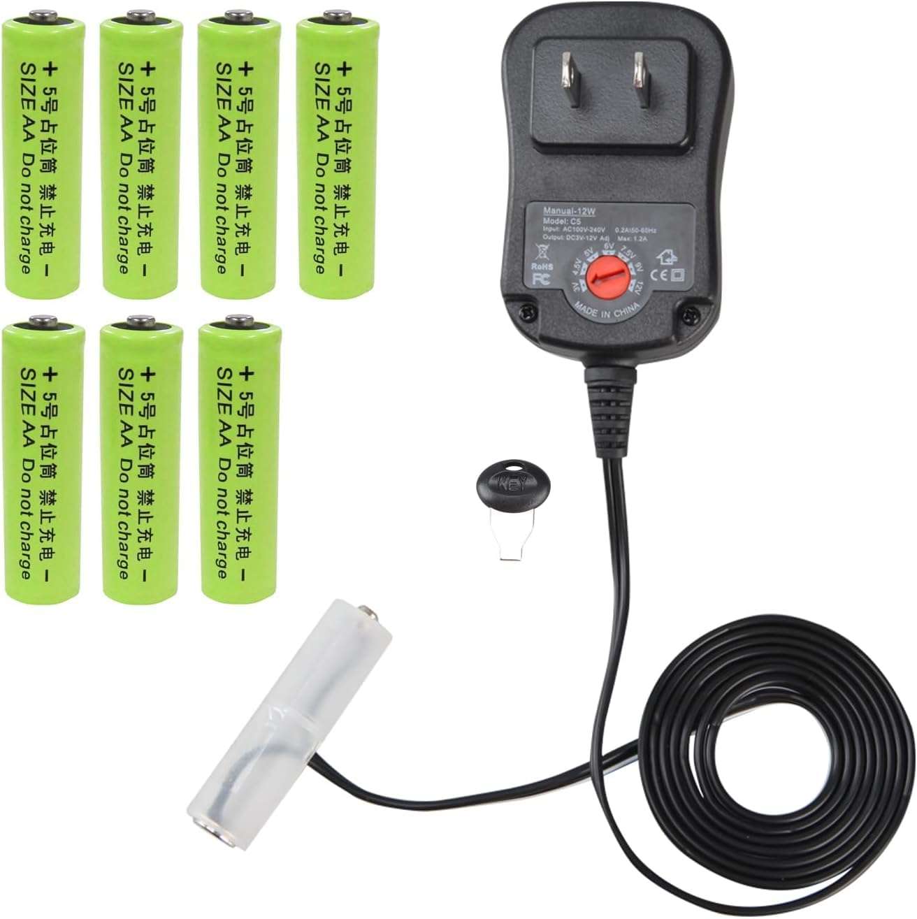 Universal Battery Eliminator Kit, 12W AC Power Supply Adapter with Adjustable Voltage, 7 Rechargeable Batteries Compatible Set (AA) 2