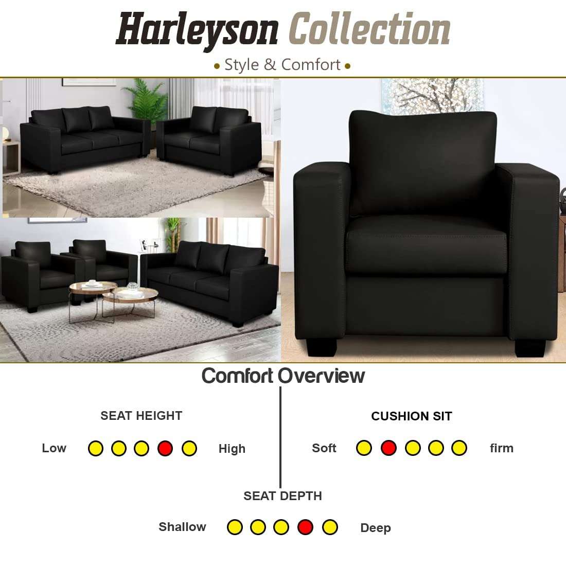 FURNY Harley 3 Seater Leatherette Sofa Set (Black) 6