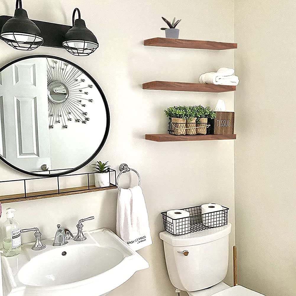 Genuine Decor 18 Inch Floating Shelves for Wall Set of 3, Rustic Wall Mounted Ledge Shelf for Bathroom, Bedroom, Living Room, Kitchen Light Walnut 5