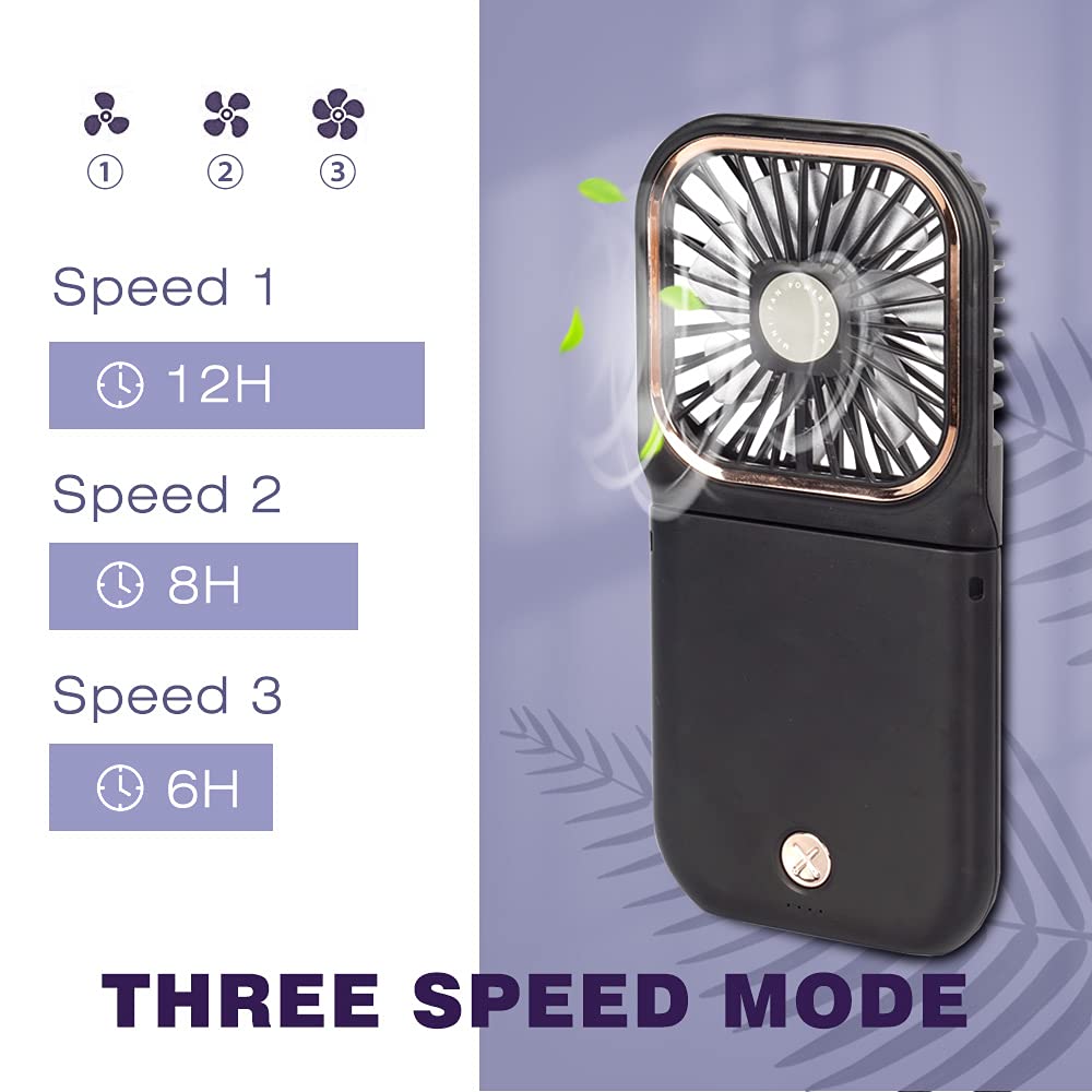 Portable Mini Fan Small Battery Operated Fan 5 in 1 as Power Bank,Phone Holder,Handheld Fan,Desk Fan, USB Rechargeable Personal Hand Fans,3000 mAh Power Bank,3 Speed Adjustable, Neck lanyard, Black 6