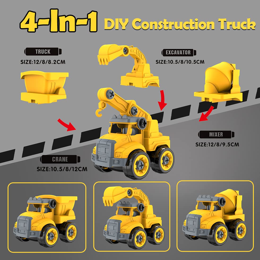 Take Apart Truck Construction Toys with Electric Drill, 4 in 1 Kids STEM Engineering Building PlaySet,Build Excavator,Crane,Truck,Mixer with Construction Hat,Traffic Signs Gift for Boys Kids Aged 3+ 4
