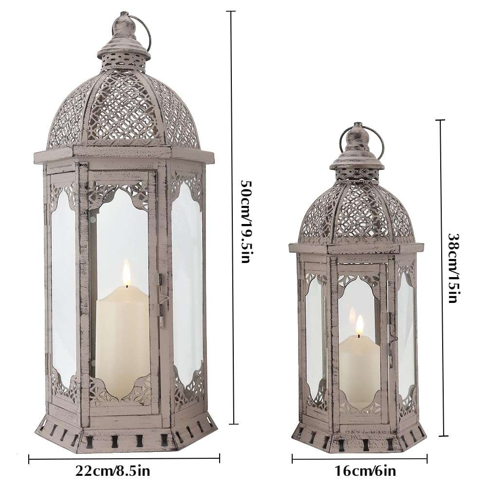 JHY DESIGN Set of 2 Decorative Candle Lanterns 22"&17" H Vintage Metal Candle Holder for Garden Indoor Outdoor Parties Weddings Patio Home Decor(Grey with Black Brush) 3