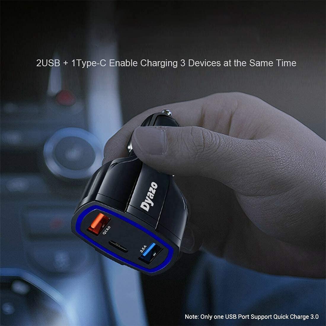 Dyazo 3 Port 36 W Turbo Car Charger QC Charging Compatible for All Qualcomm 3.0 Devices and Normal Charging for All Mobile Phone with Type c Cable 6