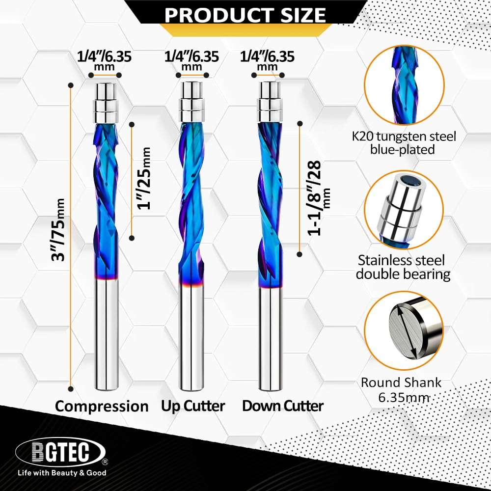 BGTEC Spiral Flush Trim Router Bits, 2pcs Up&Down Cut Spiral Bits, 1/4" Shank, 1-1/8" Cutting Length, Solid Carbide, Nano Coated for Woodworking Trimming 3