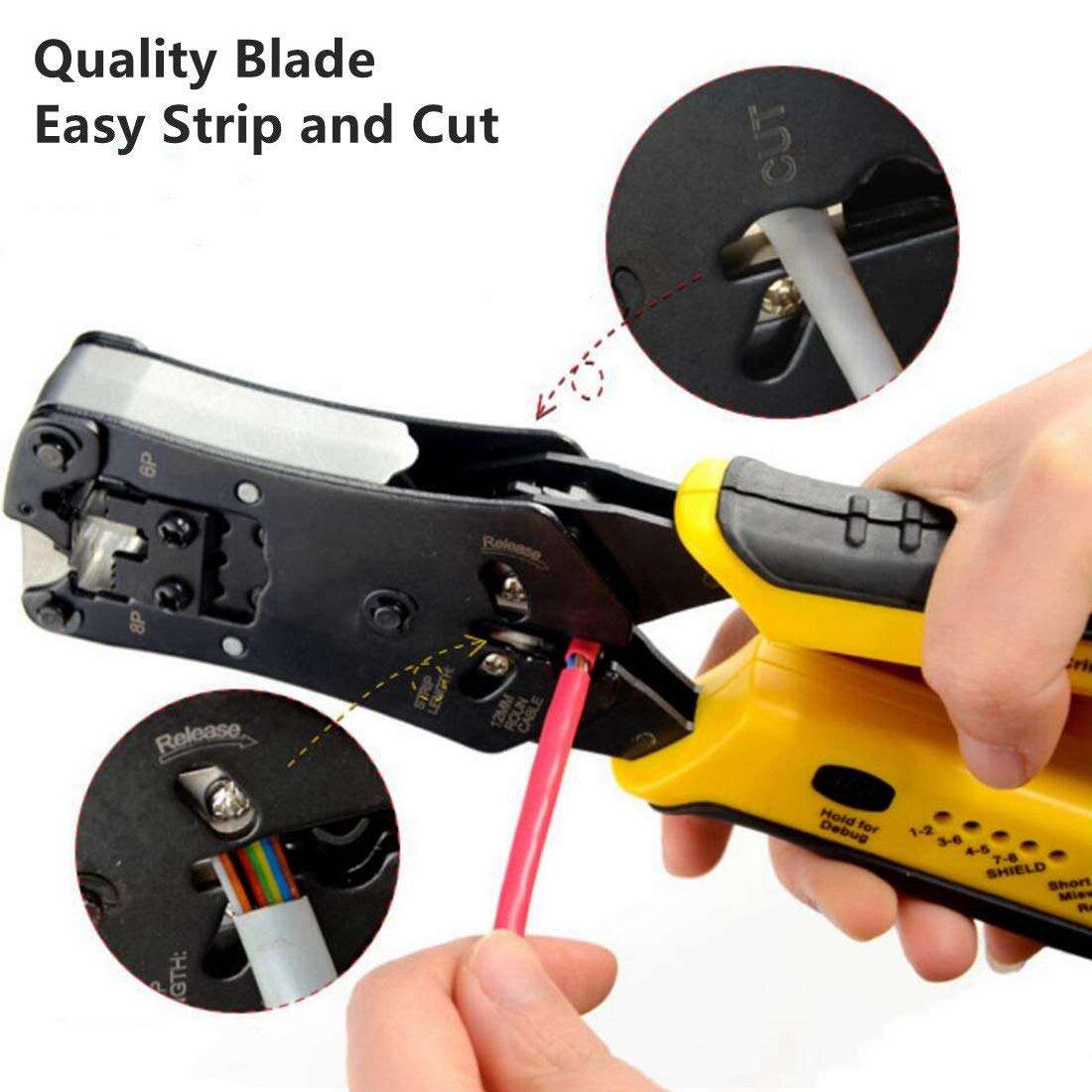 Yankok [HT-376 Modular Plug Crimper] Crimps RJ45 8P8C RJ12 RJ11 6P6C/4C/2C, RJ10 and RJ9 4P4C/2C Connectors, Strip Cut and Test Ethernet Cables w/Cable Tester 3