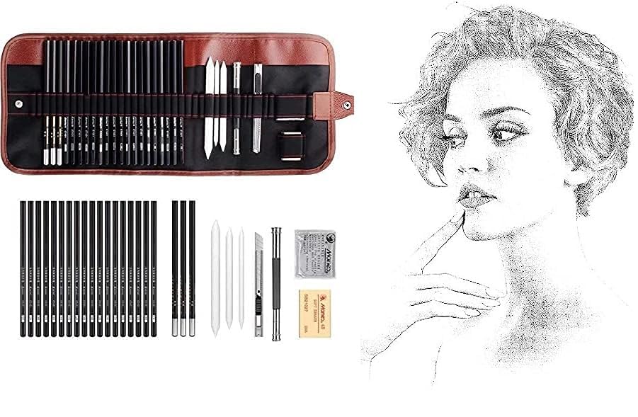 Stodern 29-Piece Artist Sketching & Drawing Pencil Set - Includes Graphite Pencils, Charcoal Pencils, Erasers, Paper Erasable Pen, Craft Knife, Canvas Carry Bag Complete Art Tool Kit for Beginners