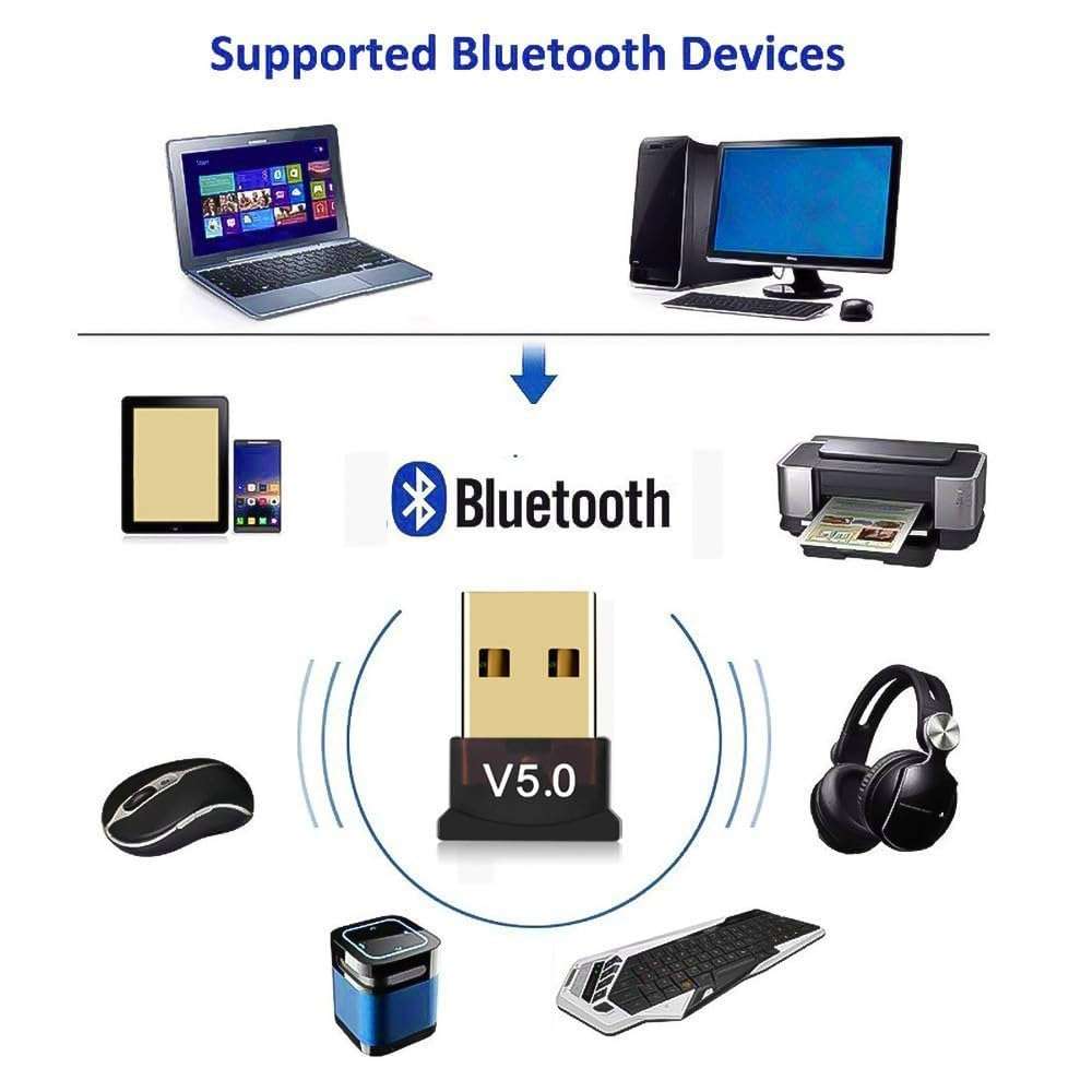 BLACK CROWN USB Bluetooth Adapter for PC, 5.0 Bluetooth Dongle Receiver, Supports Windows 11/10/8.1/7 for Desktop, Laptop, Mouse, Keyboard, Printers, Headsets, Speakers, Controllers. Black. 5