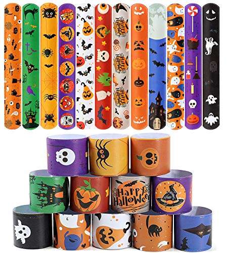 48 PCS Halloween Slap Bracelets for Kids Snap Bracelets Bulk with Spider Pumpkin Ghost Animal Print Craft Halloween Party Favors Birthday Gifts 1
