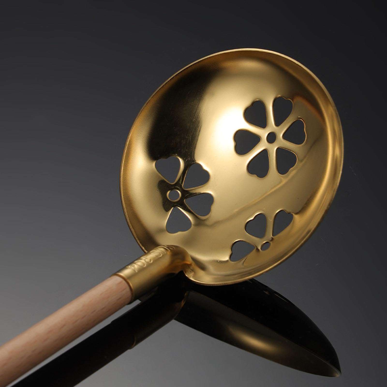Stainless Steel Cutlery Wooden Handle Soup Shell Colander Household Kitchen Gadget Ramen Soup Spoon Golden 5