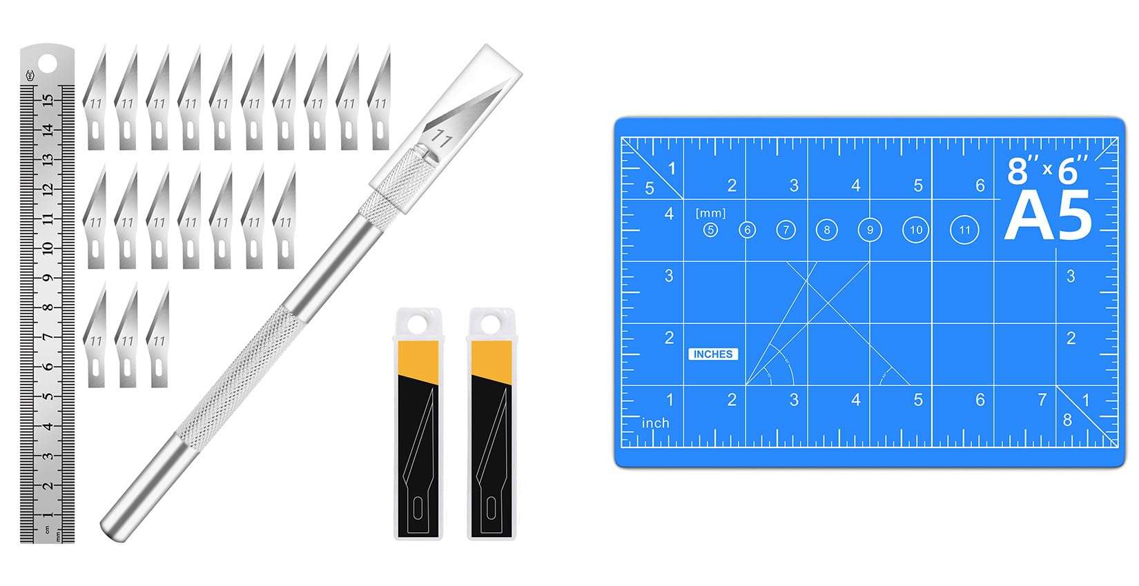 DIYSELF 1 Pcs Craft Knife Hobby Knife with 20 Pcs Stainless Steel Blades Kit and Blue Cutting Mat 6in×8in (Silver) 1