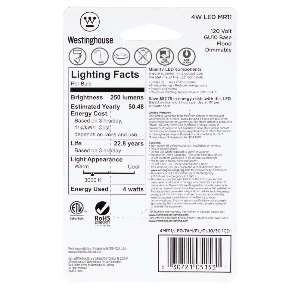 Westinghouse Lighting 0515300 25W Equivalent MR11 Flood Dimmable Warm White LED Light Bulb with GU10 Base 6