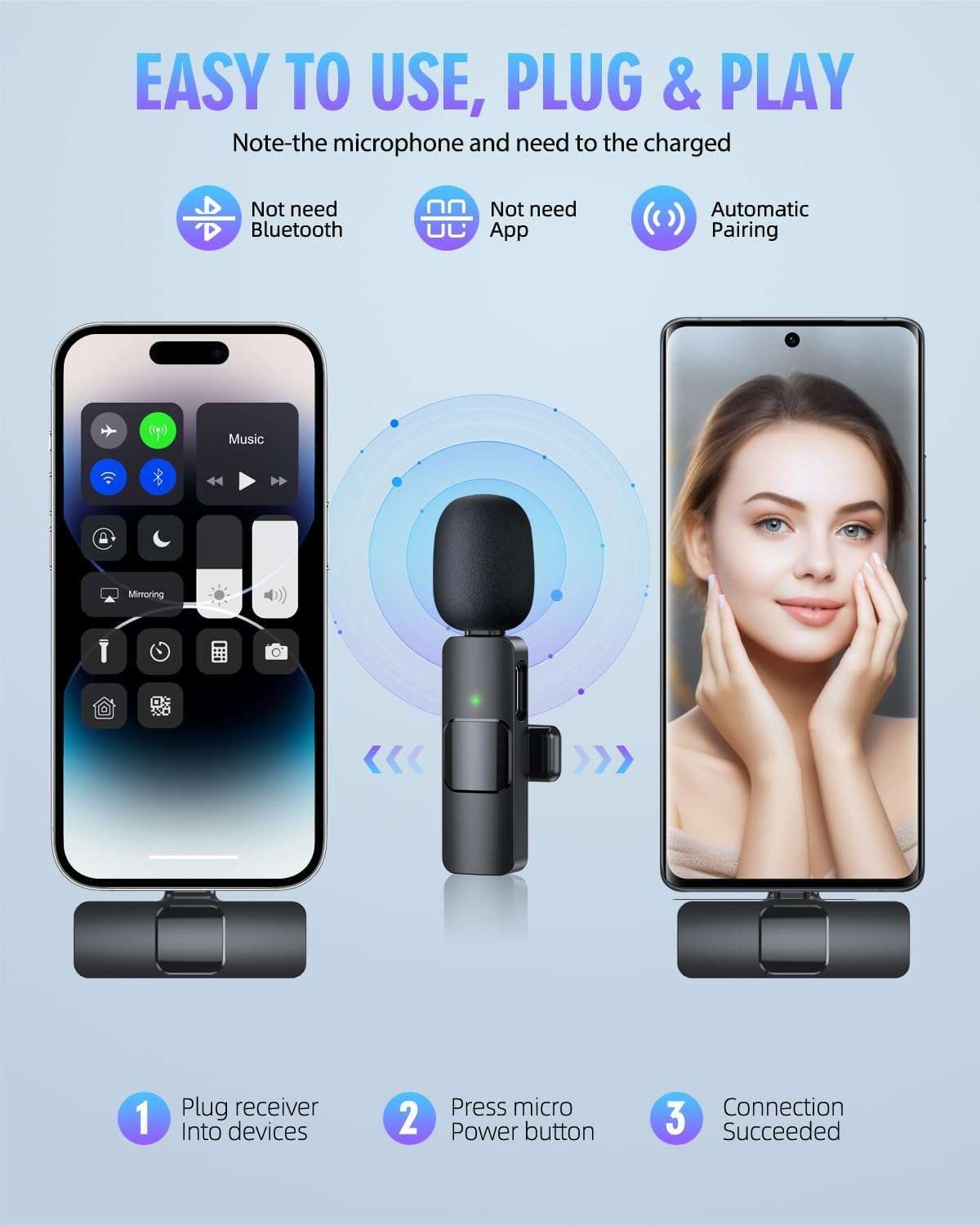 PQRQP 3 in 1 Wireless Lavalier Microphones for iPhone-AJN1, Clip On Microphone for Podcast Video Recording Streaming Singing 2