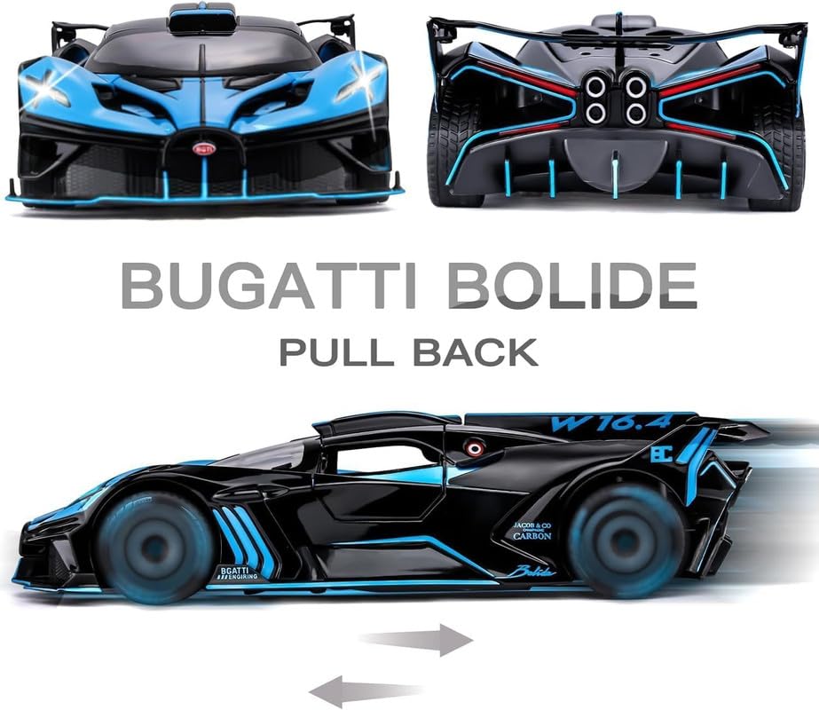 RJKD New 1:24 Bugatti Bolide Alloy Die-Cast Metal Car Pull-Back Action with Openable Doors Realistic Sound and Light Effects Car for Kids - Blue 5